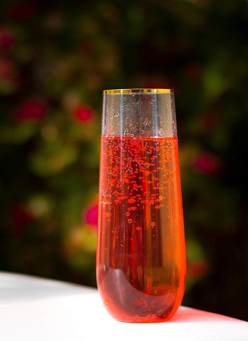 Plastic Champagne Flutes with GOLD RIM SET OF 24 | 9 Oz STEMLESS | Disposable | BPA-FREE | Shatterproof | Clear Toasting Glasses | Recyclable | Perfect for Weddings Party Events Holidays