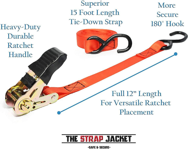 Ratchet Tie Down Straps | 4 pk Heavy-Duty Professional Strength | Built Stronger to Work Harder | Rubber Handle & 180° Hooks | Cargo Straps for Moving Motorcycle, Kayak, Truck, Trailer and Boat