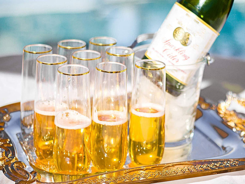 Plastic Champagne Flutes with GOLD RIM SET OF 24 | 9 Oz STEMLESS | Disposable | BPA-FREE | Shatterproof | Clear Toasting Glasses | Recyclable | Perfect for Weddings Party Events Holidays