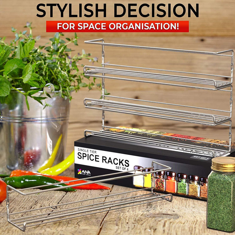Hanging Spice Rack Organizer - Wall Mount Spice Rack - Cabinet Door Spice Rack - Seasoning Rack - Hanging Racks For Cabinet, Cupboard or Pantry Door - Spice Shelf - Set of 4 - Chrome