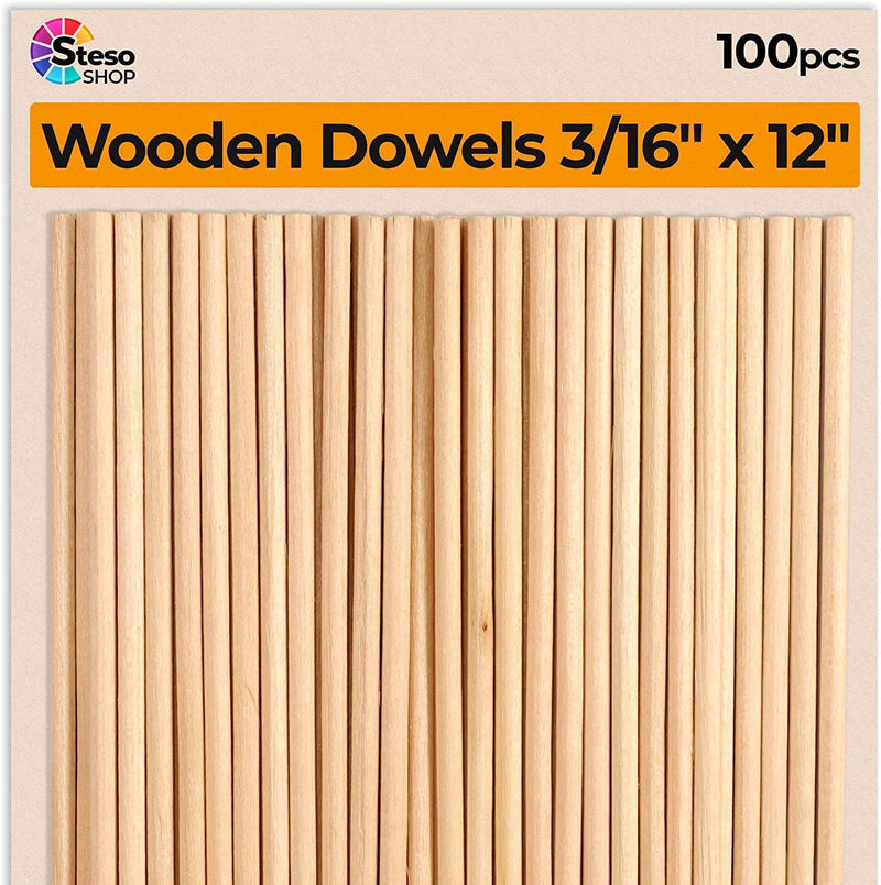 Dowel Rods 3/16 12 inch - Hardwood Dowels for Crafts 100 pcs Sturdy Unfinished Natural - Wedding Ribbon Wands 12" 3/16"