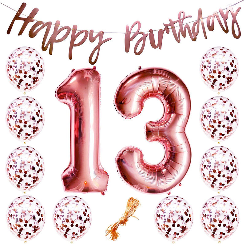 13th Birthday Party Decorations Rose Gold Decor Strung Banner (Happy Birthday) & 12PC Helium Balloons w/Ribbon [Huge Numbers “13”, Confetti] Kit Set Supplies Bundle | Thirteenth 13 Year Old Year-Old