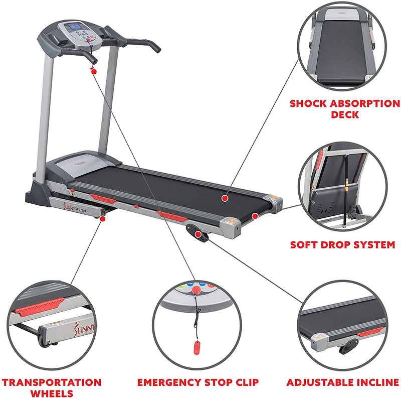 Sunny Health & Fitness SF-T7603 Electric Treadmill w/ 9 Programs, 3 Manual Incline, Easy Handrail Controls & Preset Button Speeds, Soft Drop System