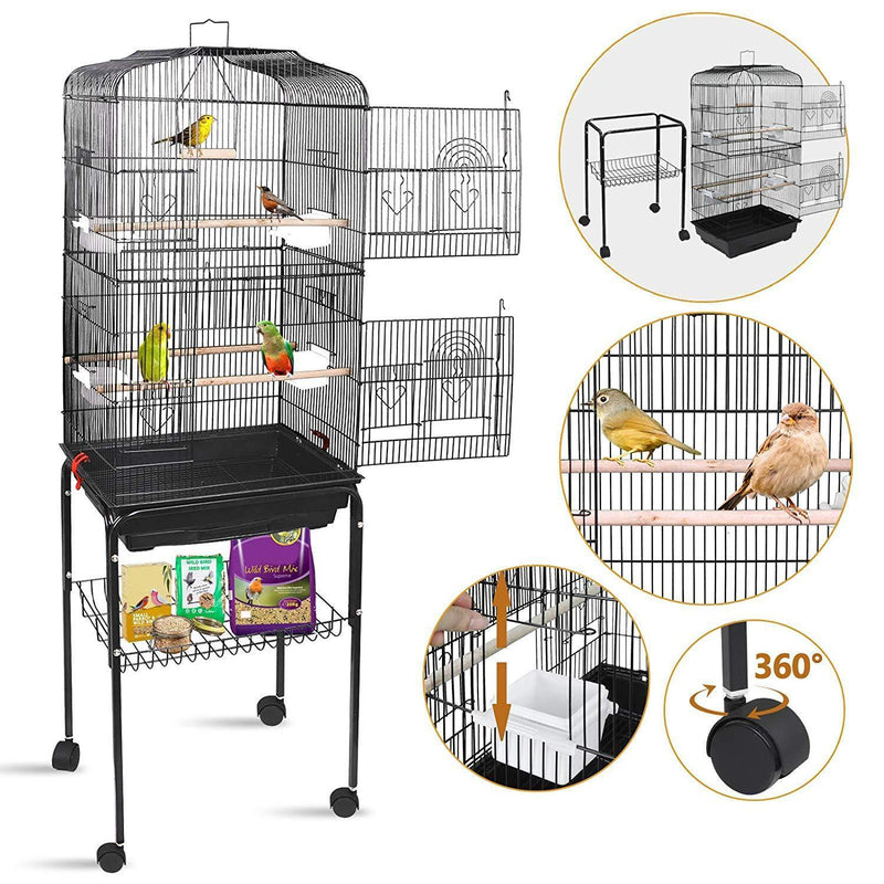 SUPER DEAL 59.3''/53'' Rolling Bird Cage Large Wrought Iron Cage for Cockatiel Sun Conure Parakeet Finch Budgie Lovebird Canary Medium Pet House with Rolling Stand & Storage Shelf