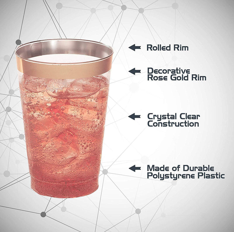 Rose Gold Plastic Cups | 12 oz. 50 Pack | Hard Clear Plastic Cups | Disposable Party Cups | Fancy Wedding Tumblers | Nice Rose Gold Rim Plastic Cups | Elegant Decoration Cups | Plastic Tumblers Bulk