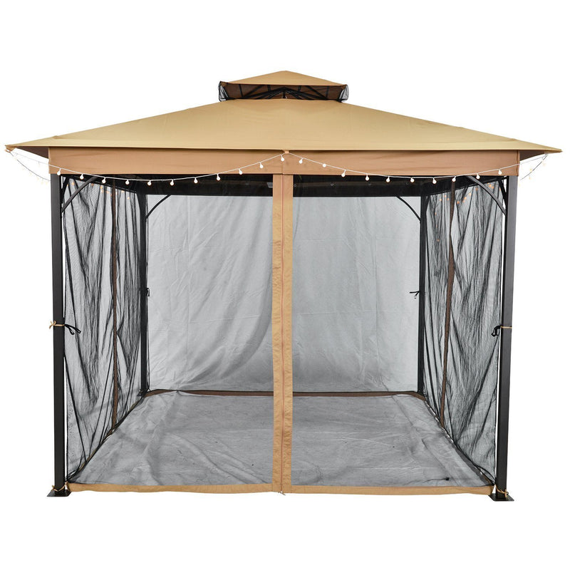 SUNLONO 10 x 10 Ft Outdoor Fabric/Steel Gazebo 2-Tiered Top Canopy with Mosquito Netting Screen Walls, Beige