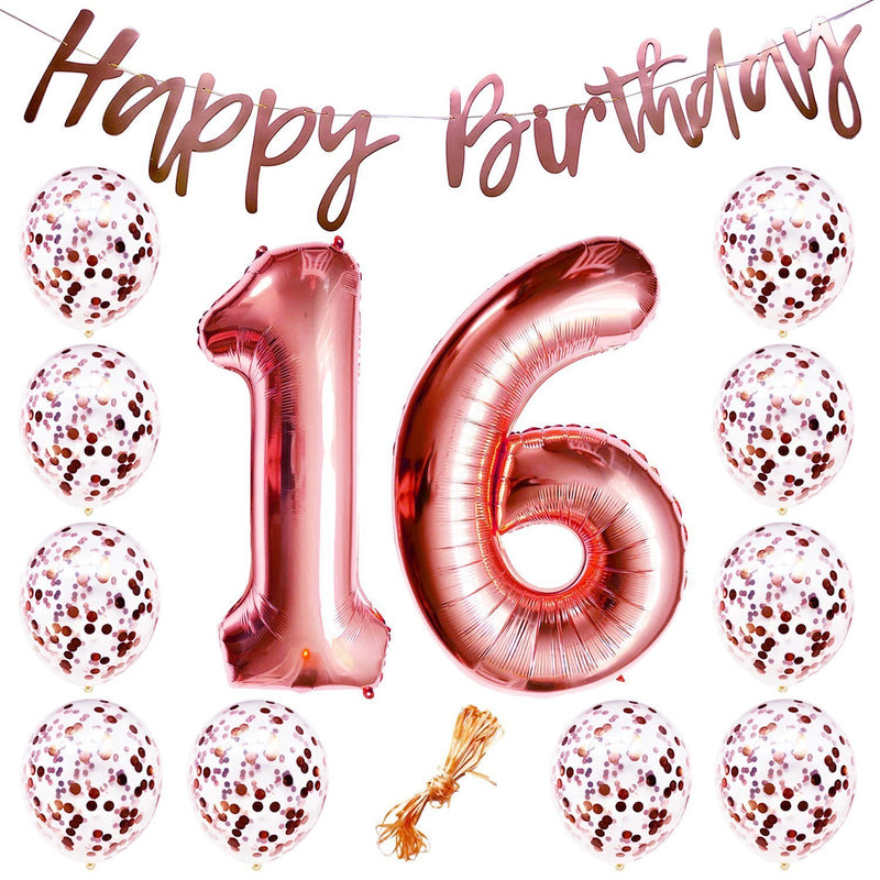 13th Birthday Party Decorations Rose Gold Decor Strung Banner (Happy Birthday) & 12PC Helium Balloons w/Ribbon [Huge Numbers “13”, Confetti] Kit Set Supplies Bundle | Thirteenth 13 Year Old Year-Old