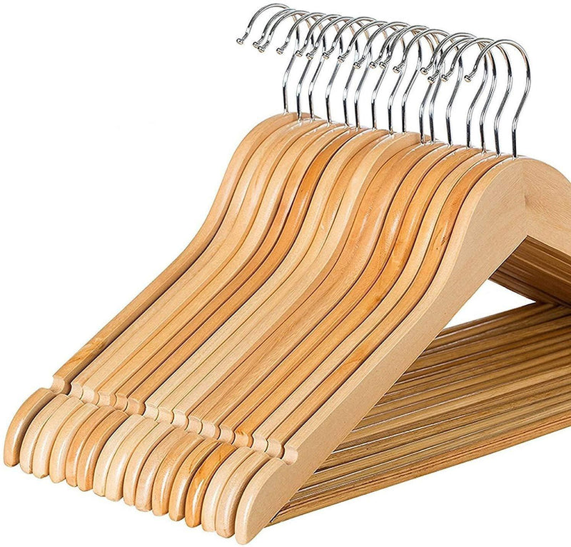 Zober Solid Wood Suit Hangers - 20 Pack - with Non Slip Bar and Precisely Cut Notches - 360 Degree Swivel Chrome Hook - Natural Finish Super Sturdy and Durable Wooden Hangers