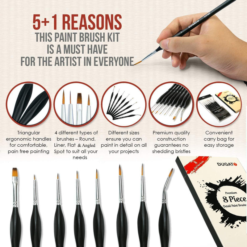DUGATO Micro Detail Paint Brush Set, 8pcs Tiny Professional Fine Miniature Paint Brushes Kit with Ergonomic Handle for Acrylic, Oil, Watercolor, Art, Scale Model, Face, Paint by Numbers (VIII)