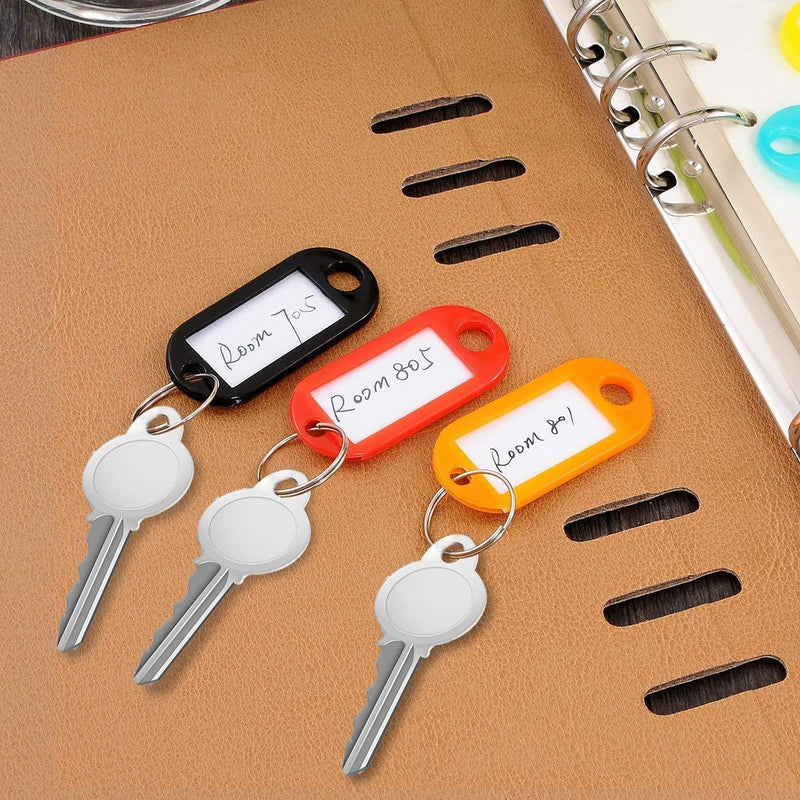 YUEAON 100 Pack Tough Plastic Key Tags with Label Window ID Luggage tag with Split Ring Key Ring Keychain,10 Colors