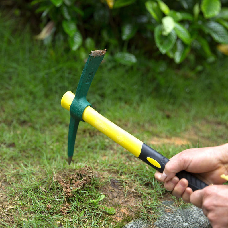 Pick Mattock Hoe, KINJOEK Forged Weeding Garden Pick Axe with 15 Inch Fiberglass Handle for Loosening Soil, Gardening, Camping or Prospecting