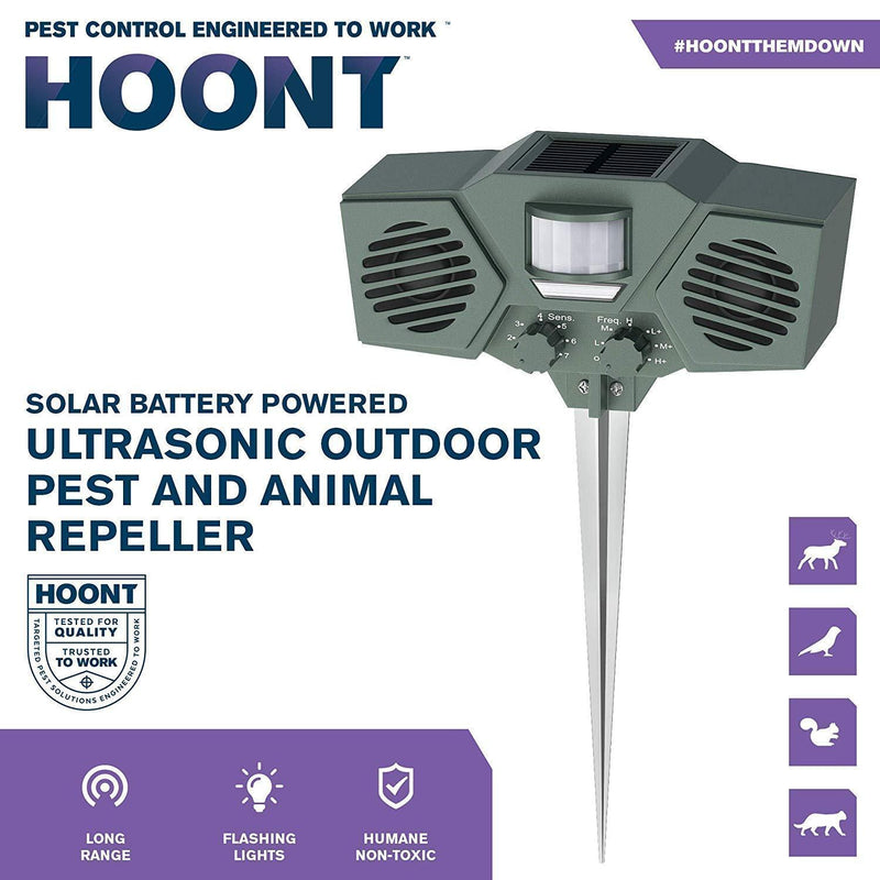 Hoont Solar Powered Motion Activated Ultrasonic with Flashing Strobe Outdoor Animal and Pest Repeller