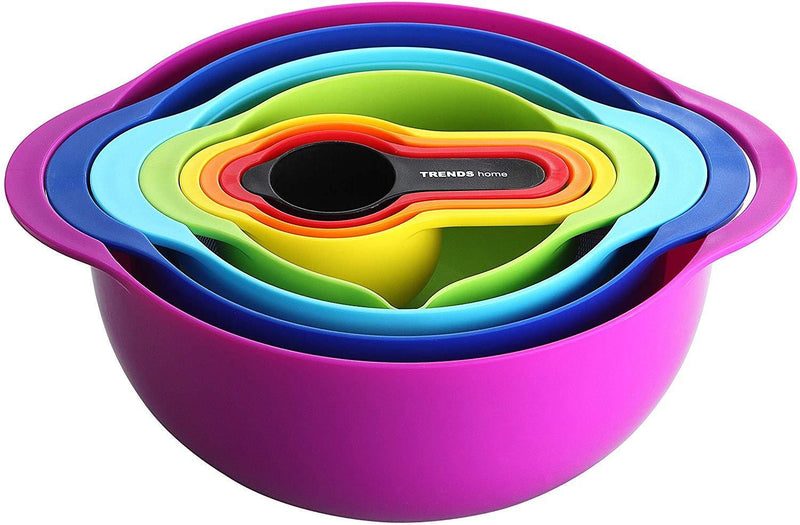 TRENDS home 8 Pc Stackable Mixing Bowl Set, Colorful Kitchen Mixing Bowls, Ideal kitchen mixing bowls, Nesting Mixing Bowls & Measuring Cups, Durable BPA Free Plastic Mixing Bowl set with handles.