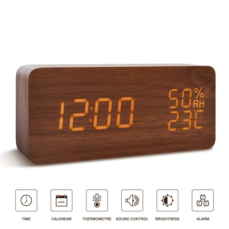 BlaCOG Alarm Clock Digital Desk Wooden Alarm Clock Upgraded with Time Temperature, Adjustable Brightness, 3 Set of Alarm and Voice Control - Bamboo