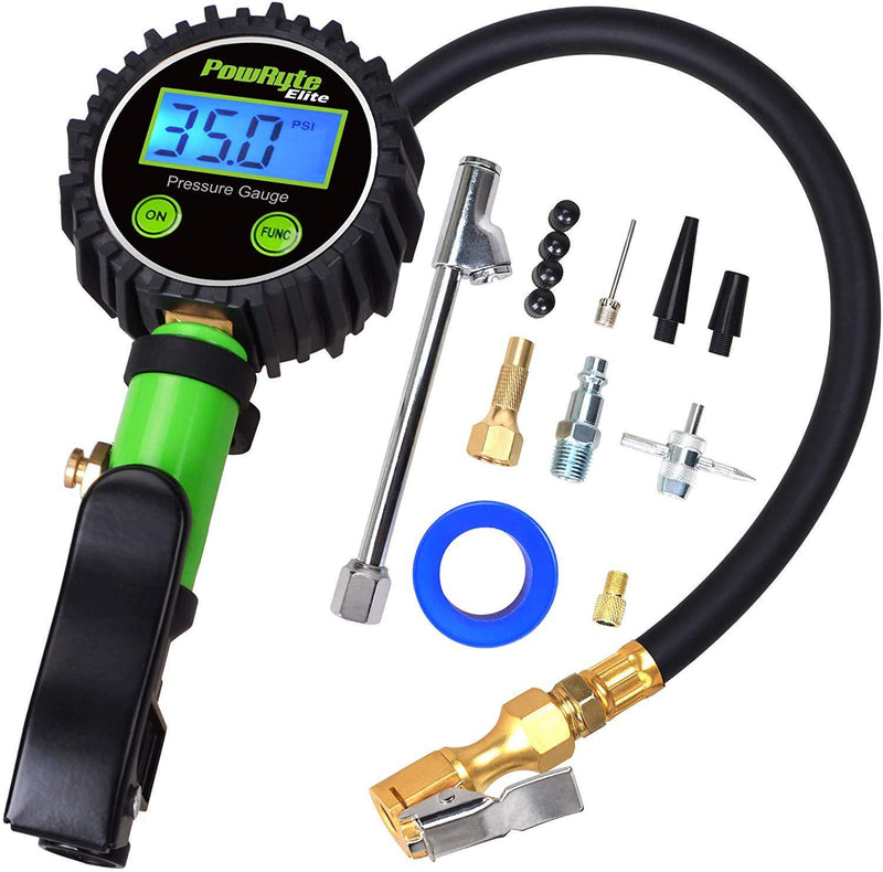 PowRyte Elite Tire Inflator with 250 PSI 0.1% High Accuracy Digital Tire Pressure Gauge and 12 Piece Accessoires Including 3 Piece Air Chucks,Green