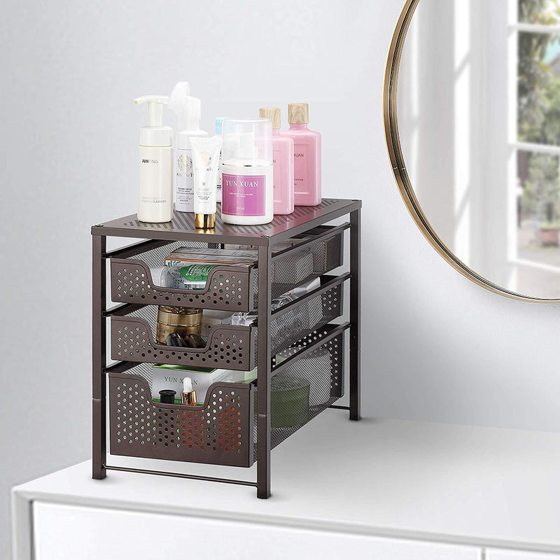Simple Trending 3-Tier Under Sink Cabinet Organizer with Sliding Storage Drawer, Desktop Organizer for Kitchen Bathroom Office, Stackbale, Bronze