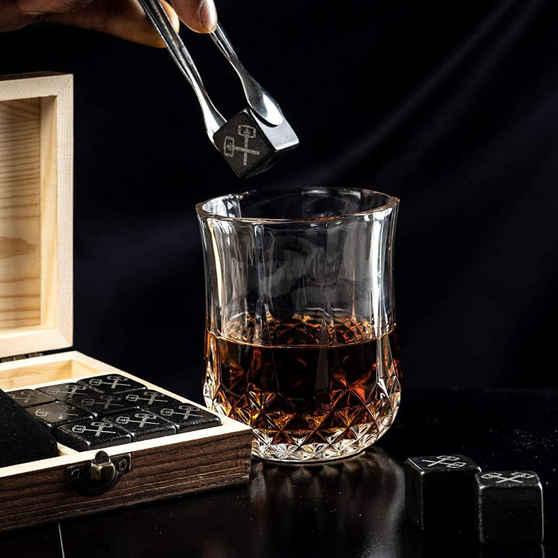 Whiskey Stones Set by Thorsen Tavern - 9 Granite Whiskey Chilling Stones, 1 Tongs set & 1 Black Velvet Bag in Elegant Wooden Box; Keep Your Whiskey, Bourbon and Scotch Slightly Chilled & Flavorful