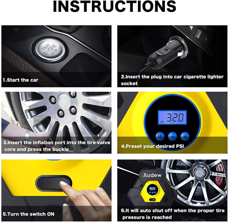 Audew Upgraded Portable Air Compressor Tire Inflator,12V 150PSI Air Pump with Auto Shut Off,Warning Light and Power Cord Storage,Digital Tire Pump for Car,Bicycle and Other Inflatables