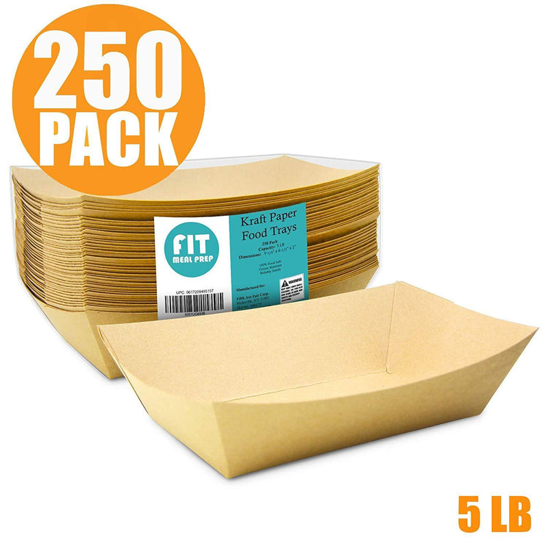 [250 Pack] 0.50 lb Heavy Duty Disposable Kraft Brown Paper Food Trays Grease Resistant Fast Food Paperboard Boat Basket for Parties Fairs Picnics Carnivals, Holds Tacos Nachos Fries Hot Corn Dogs