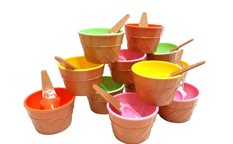 Plastic Ice Cream Cups with Spoons, Festive Dessert Bowls, Assorted Colors (12 Piece Party Pack)