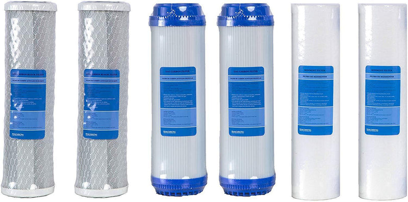 Green Label Universal 10 Inch Replacement Filter Set for Standard Multi-Stage Reverse Osmosis Water Filtration Systems: 2 PP Sediment, 2 GAC, 2 CTO Carbon Block Filters (3-Stage, 6 Filters)
