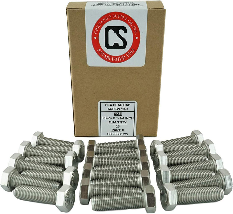 Stainless 3/8-24 x 3" Hex Head Bolts (3/4" to 5" Length in Listing), 304 Stainless Steel, SAE Fine Thread, 25 Pieces (3/8-24 x 3")