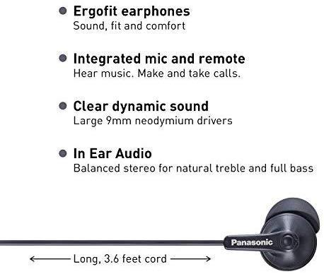 Panasonic ErgoFit In-Ear Earbud Headphones RP-HJE120-KA (Matte Black) Dynamic Crystal-Clear Sound, Ergonomic Comfort-Fit