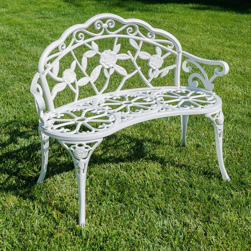 LEAN ON US Belleze Antique Designed Rose Style Outdoor Patio Park Garden Bench Bronze Love Seat Cast Iron Backyard Porch Home Pool