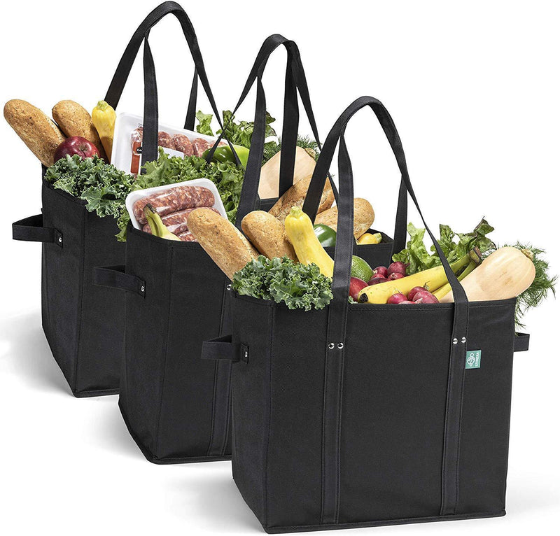 Reusable Grocery Shopping Bags, Foldable and Collapsible, Set of 3 - Large Tote Bags with Reinforced Bottom and Handles - Eco-Friendly Shop Bag Sets for Carrying Groceries, Errands, Traveling