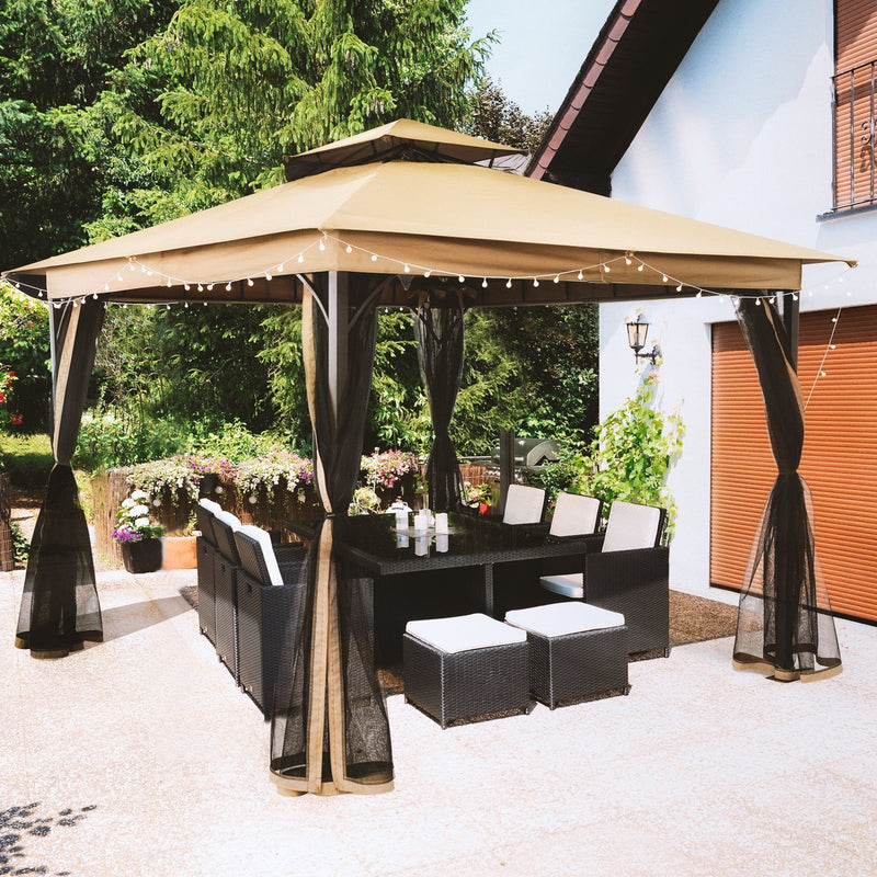 SUNLONO 10 x 10 Ft Outdoor Fabric/Steel Gazebo 2-Tiered Top Canopy with Mosquito Netting Screen Walls, Beige