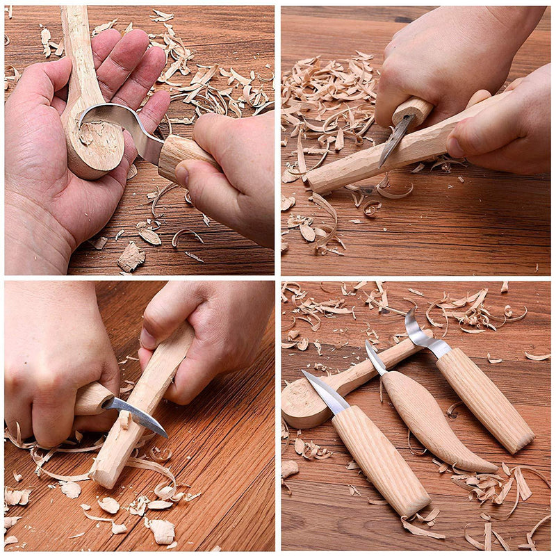 Wood Carving Tool Kit Boy Scout | Sloyd Hook Detail Knives | Hardwood Handle Grips Carbide Blades, Bonus Sharpener Included All Inclusive 4 Piece Set