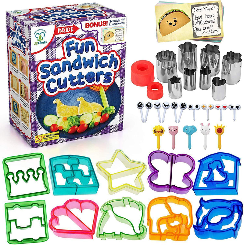UpChefs Sandwich Cutters for kids - Create Healthy School Lunches in Minutes with These Fun Bento Lunch Box Accessories – Includes Fruit and Vegetable cookie cutters – Food Picks Plus Scratch Notes