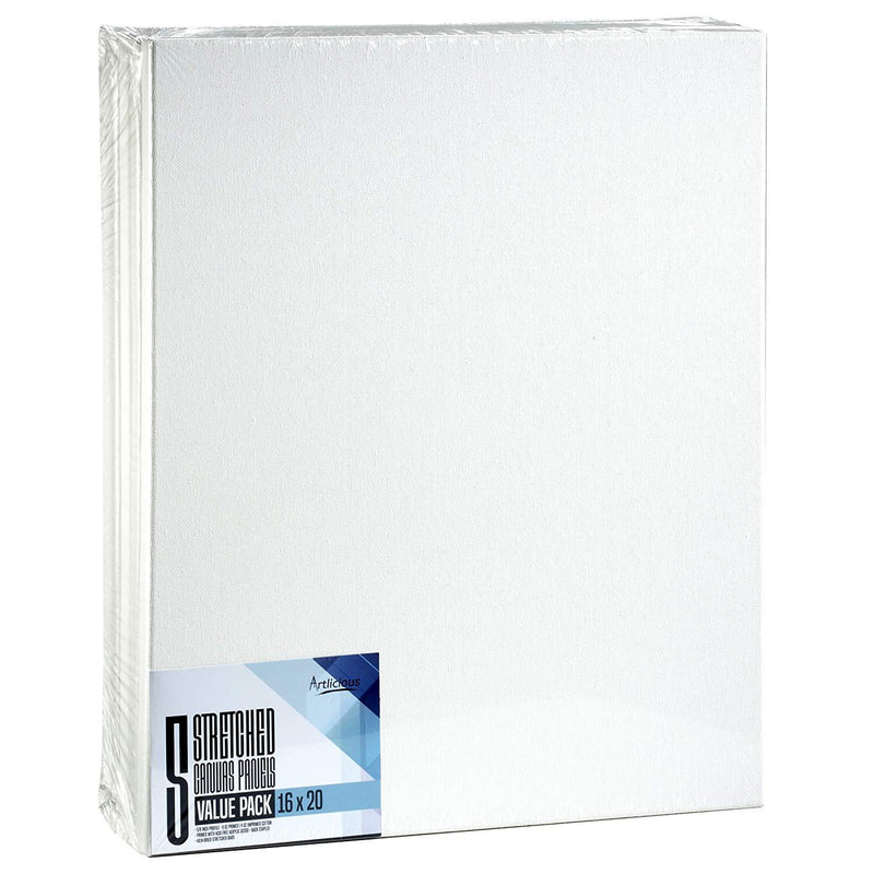 Artlicious - Super Value 5 Pack - 16x20 Pre-Stretched Cotton Canvas Panel Boards - Use with All Acrylics, Oils and Other Painting Media