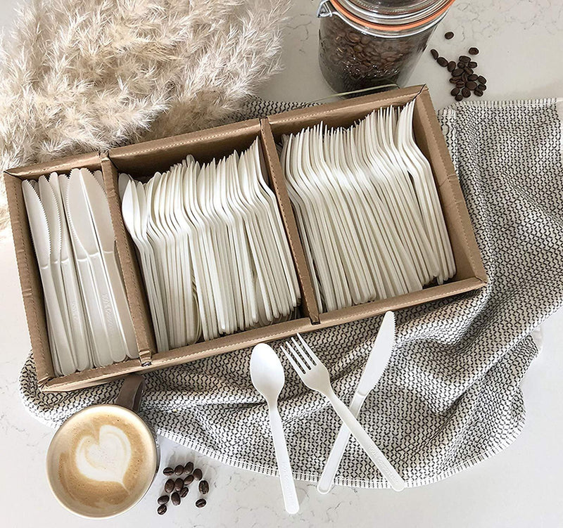 100% Eco-Friendly Compostable Cutlery Set - 300 Pieces (100 Forks | 100 Spoons | 100 Knives) - Durable Disposable Utensils Made from Renewable Plant-Based Resources