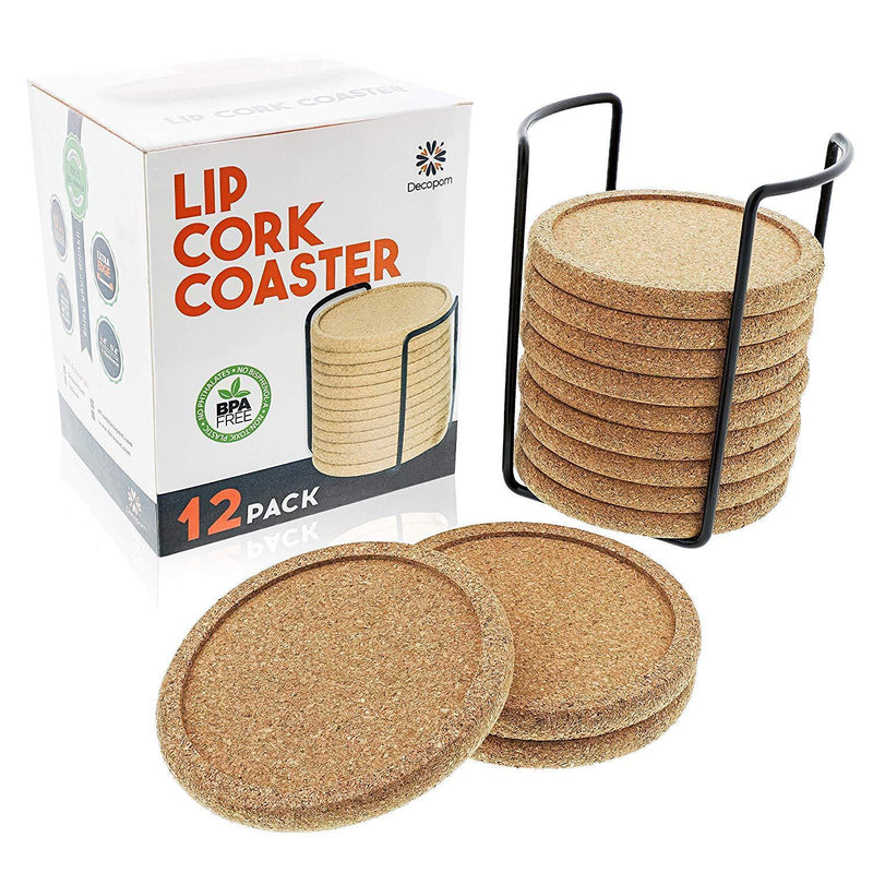 Cork Coasters with Lip for Drinks Absorbent | 12 Set 4 Inch Thick Rustic Saucer with Metal Holder Heat & Water Resistant | Best Reusable Natural Round Coasters for Bar Glass Cup Table by Decopom