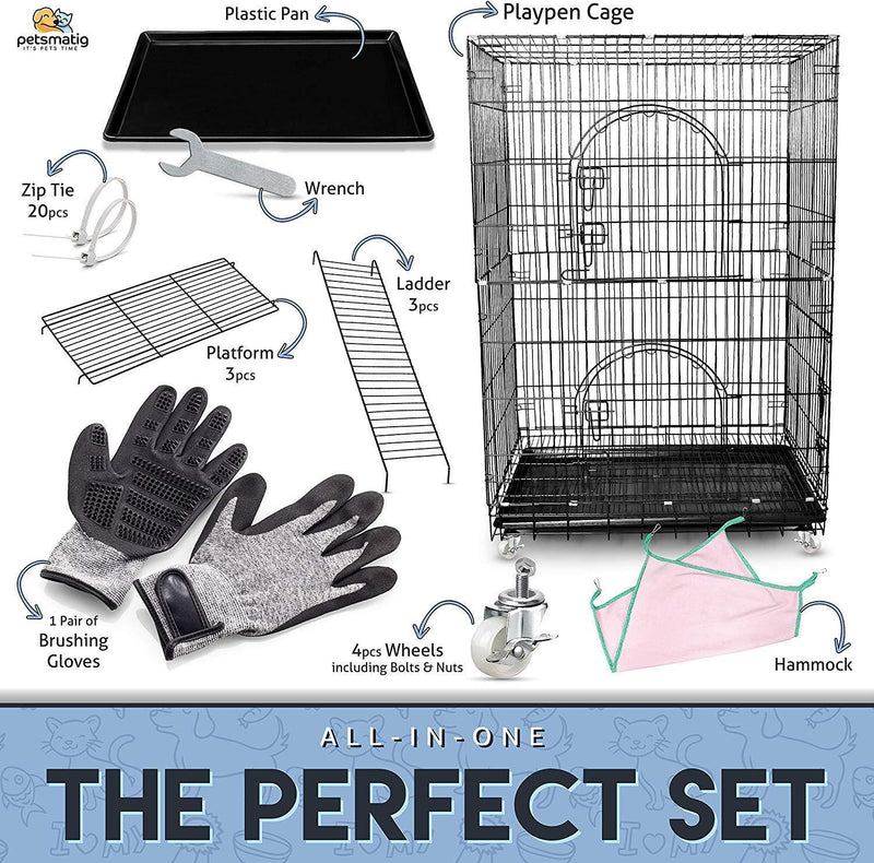Petsmatig Wire Cat Cage: Spacious Foldable Metal Pet Crate Playpen with 3 Openings, 3 Platforms, 3 Ladders, 1 Hammock, 1 Bottom Tray, 4 Wheels and Free Grooming Gloves