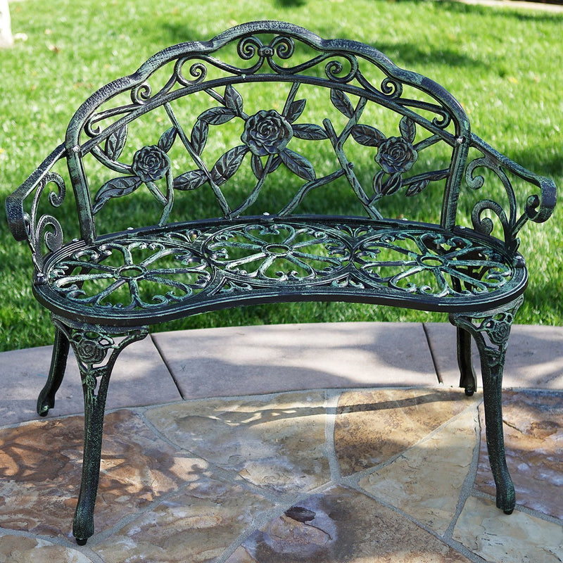 LEAN ON US Belleze Antique Designed Rose Style Outdoor Patio Park Garden Bench Bronze Love Seat Cast Iron Backyard Porch Home Pool