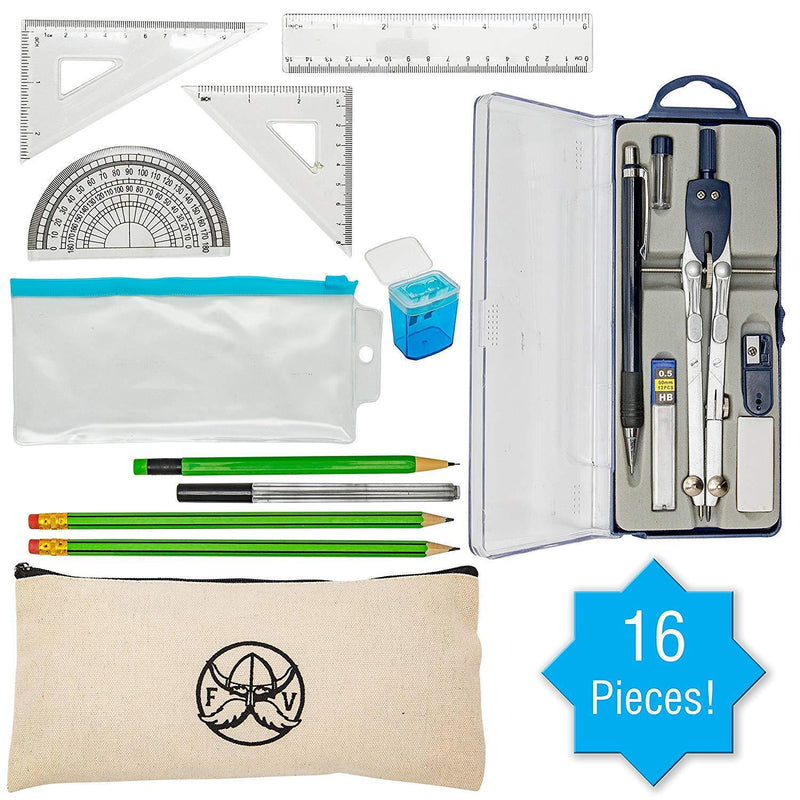 Protractor and Compass Set with Ruler, Set Square, Protractor, Compass for Geometry, Pencils, Pencil Case, Mechanical Pencil, Pencil Sharpener, Eraser and Lead