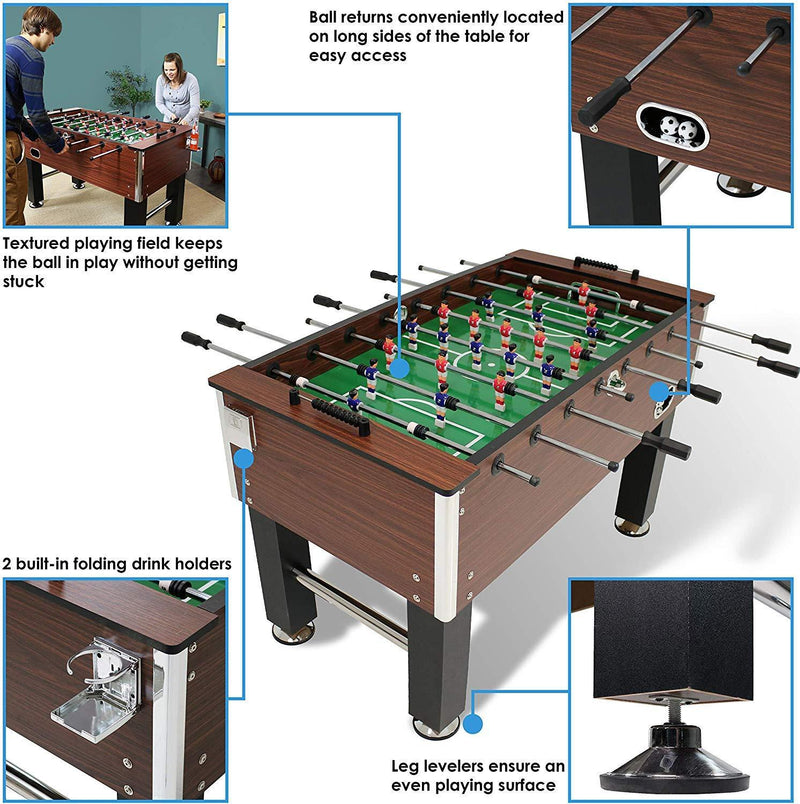 Sunnydaze 55-Inch Faux Wood Foosball Table with Folding Drink Holders, Sports Arcade Soccer for Game Room