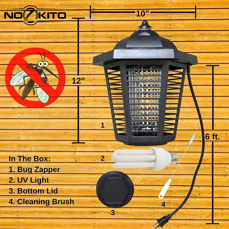 Nozkito Bug Zapper Mosquito Killer - Powerful 2000 Volts for Outdoor Use. 6 Foot Power Cord with Rainproof On/Off Switch. 1/2 Acre Coverage. Insect Trap UV Lamp