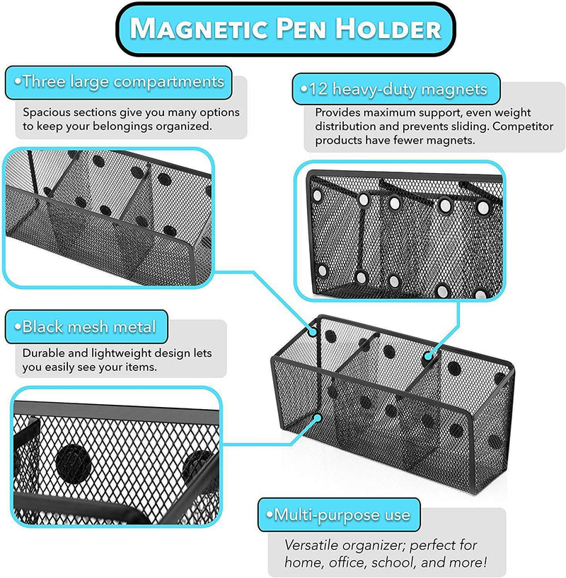 EssentialMate Magnetic Pen Holder - 12 Strong Magnets & 3 Storage Compartments - Magnetic Organizer for Refrigerator, Office Organization, Locker Accessories