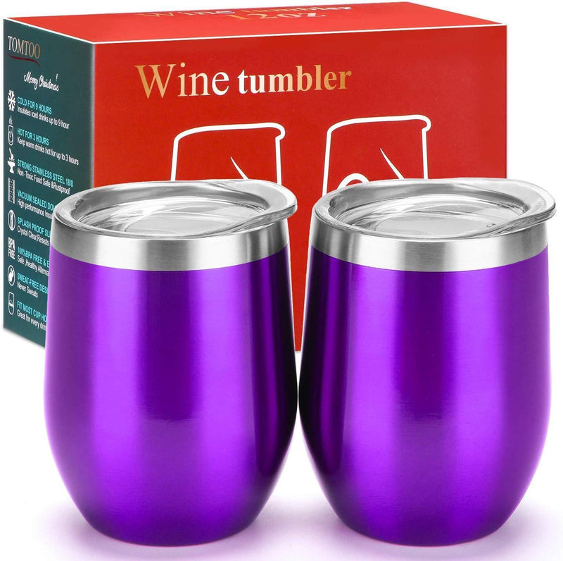 12 oz Double-Insulated Stemless Glass, Stainless Steel Tumbler Cup with Lids for Wine, Coffee, Drinks, Champagne, Cocktails, 2 Sets (Black)