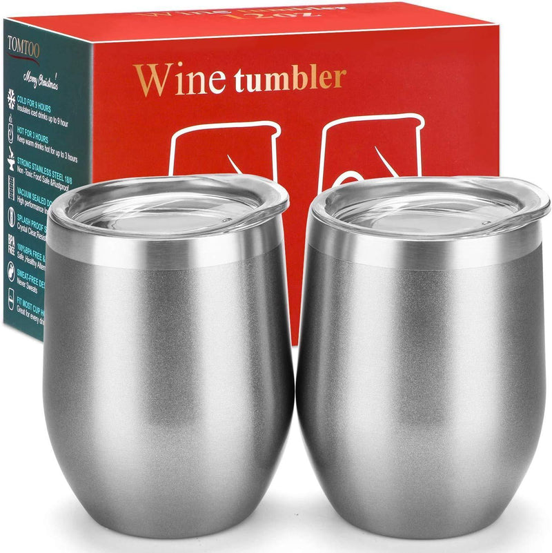 12 oz Double-Insulated Stemless Glass, Stainless Steel Tumbler Cup with Lids for Wine, Coffee, Drinks, Champagne, Cocktails, 2 Sets (Black)