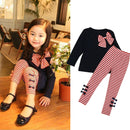 2Pcs Girls Clothing Long Sleeve Bowknot Dress T-Shirt+Stripe Pants Set - Humble Ace