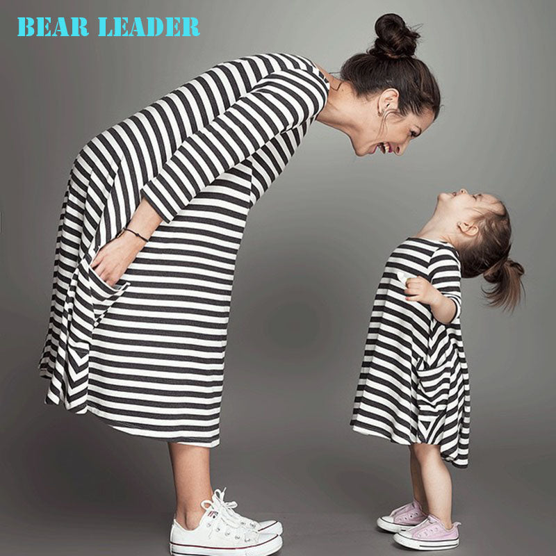 Family Matching Outfits Mother And Daughter Full Black Striped Dress